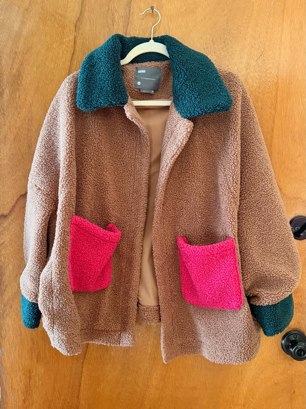 Anthropologie Brown Sherpa Teddy Jacket with Teal Collar and Pink Pockets